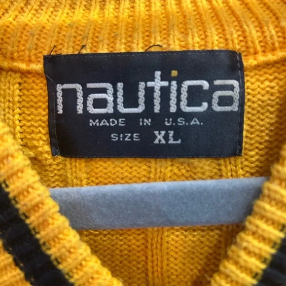 Nautica Men's V-Neck Sweater in Yellow and Navy grandpa preppy vintage XL - Picture 3 of 5